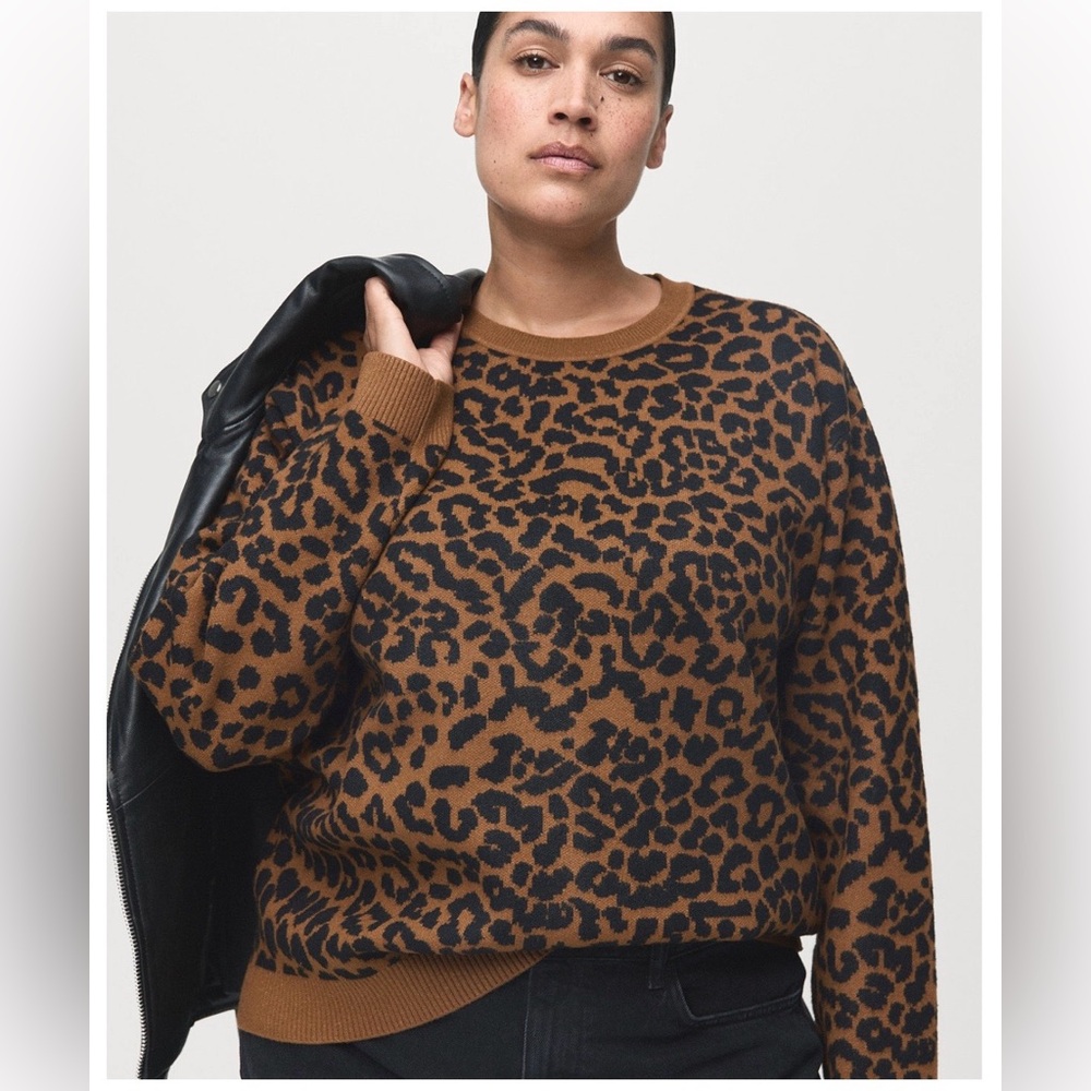Mango Knitted Leopard Print Crew Neck Sweater Size 6 Medium 🖤🧡